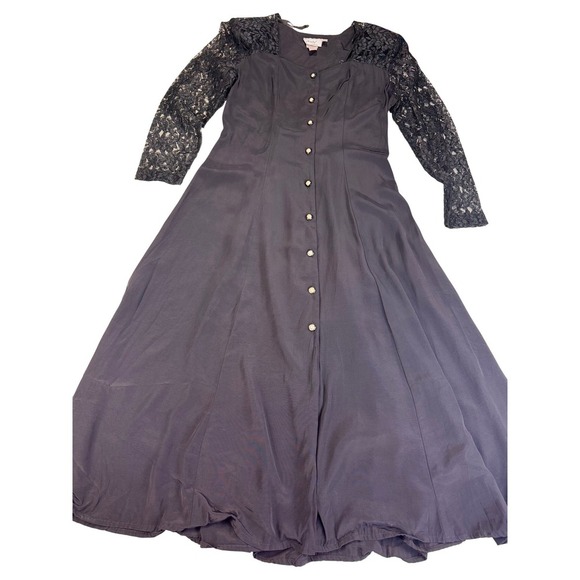 Jody California Vintage Black Dress Lace Long Sleeve Button Front Midi - Picture 4 of 12